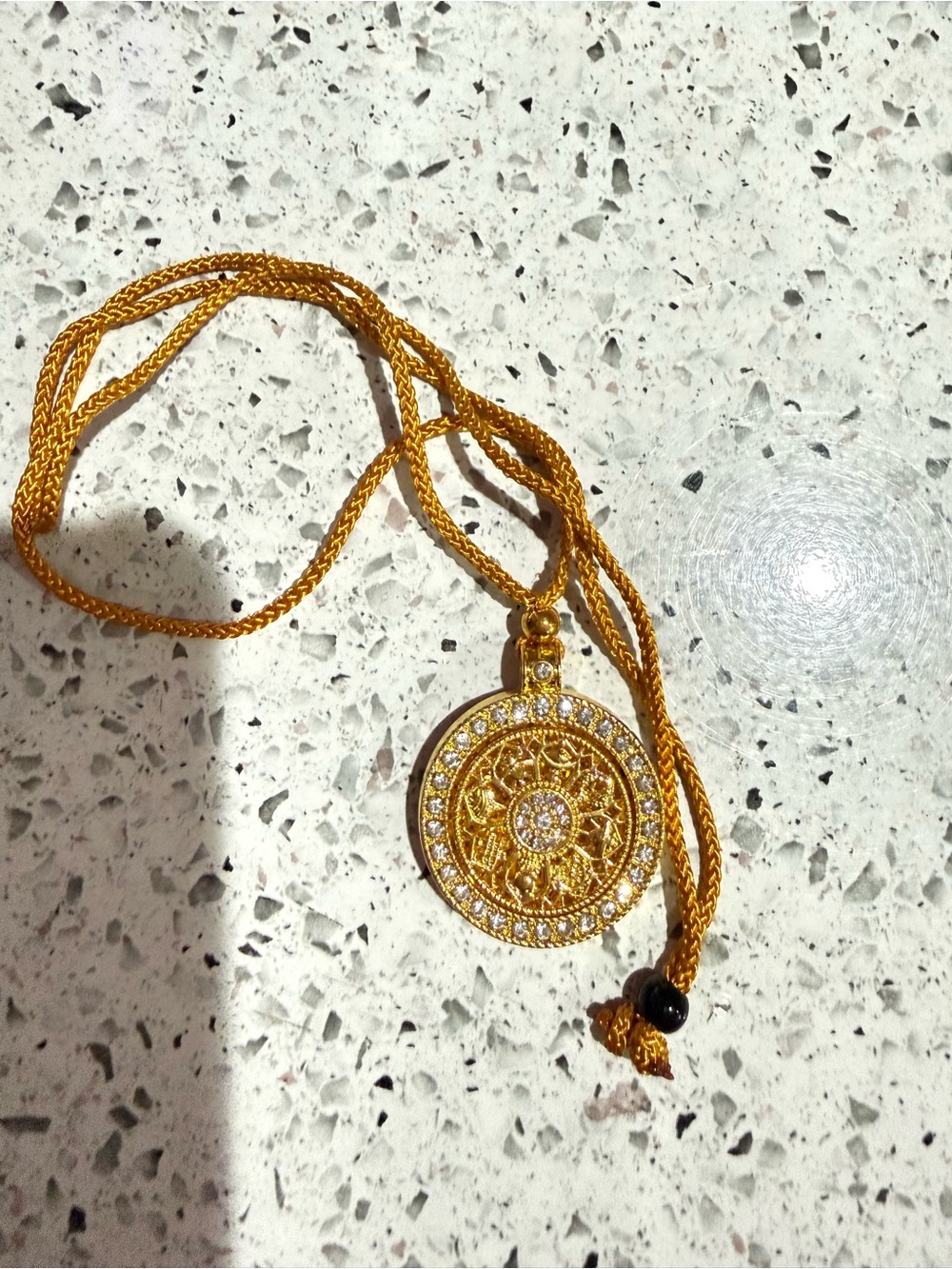 Gold-Tone Mandala Compass Pendant Necklace,CZ Crystal Inlaid Openwork Amulet